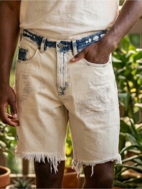 Oak & Acorn Men Super Distressed Bleached Jean Short Sz 28 Raw Hem Punk Grunge*